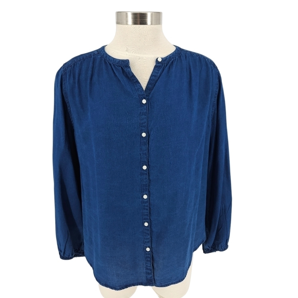 Old Navy Shirt Blue Chambray Denim Long Sleeve Button Up Peasant Top XS